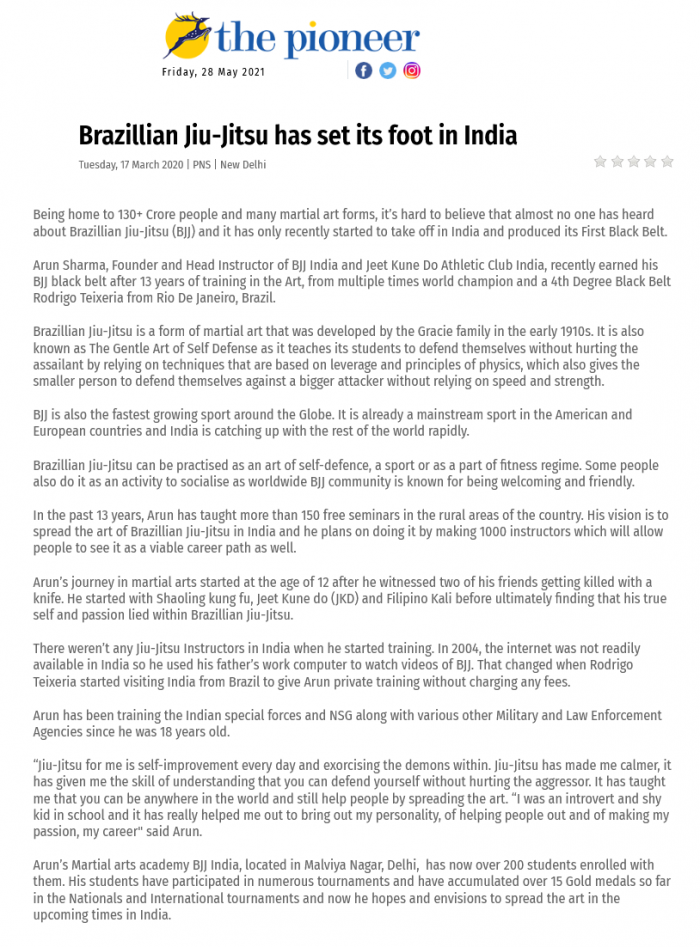Featured In Pioneer Newspaper - BJJ India & Arun Sharma