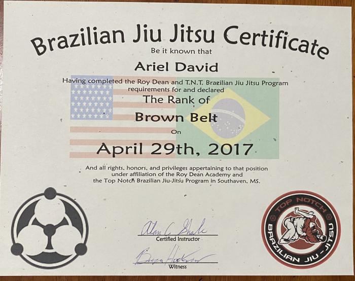 Brown belt · April 29, 2017 · Promoted by Alan Shade
