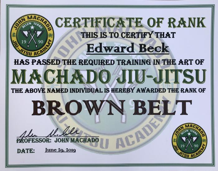 Brown belt · June 29, 2019 · Promoted by John Machado