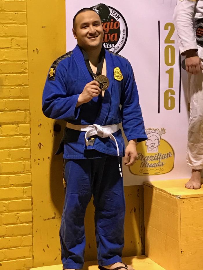 Open weight division 3rd place on the podium at Jiu Jitsu By The Bay Tournament, Alameida, CA - December 2016