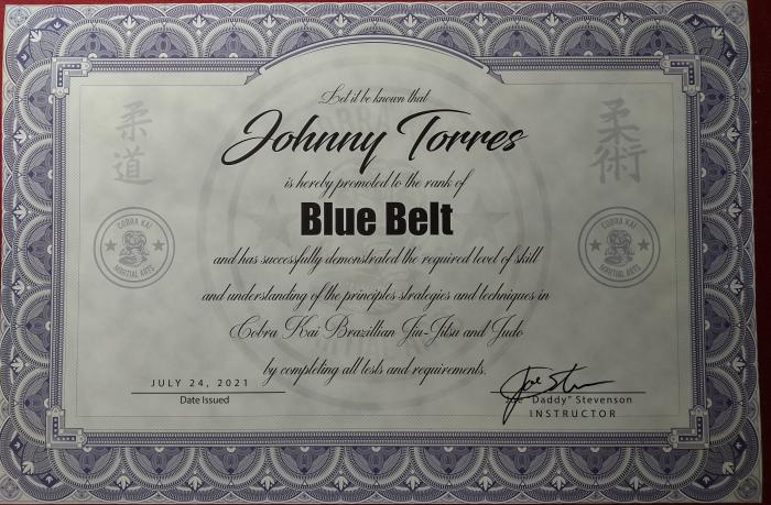 Blue belt · July 24, 2021 · Promoted by Joe " Daddy" Stevenson