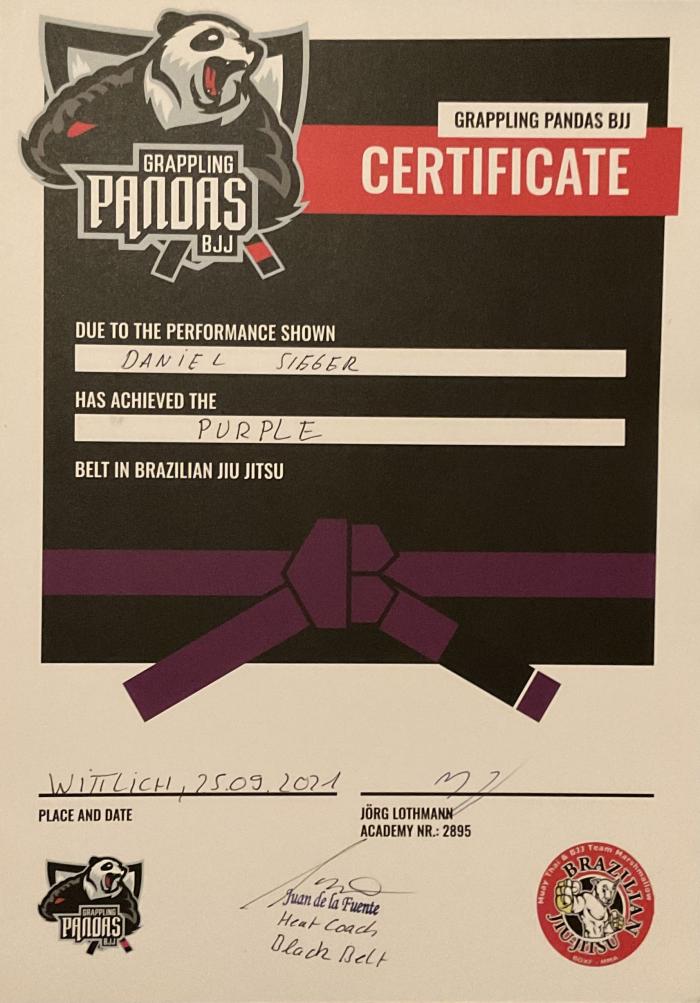 Purple belt · September 25, 2021 · Promoted by Jörg Lothmann