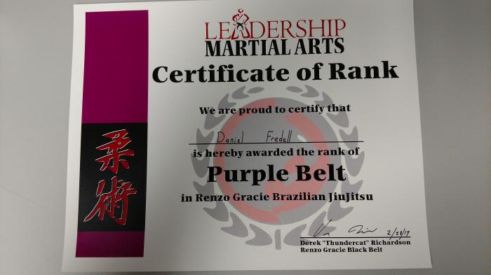 Purple belt · February 28, 2017 · Promoted by Derek Richardson