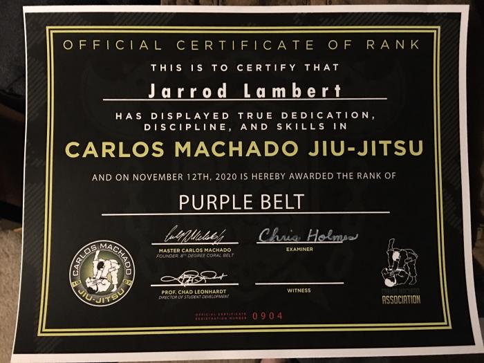 Purple belt · November 12, 2020 · Promoted by Chris Holmes
