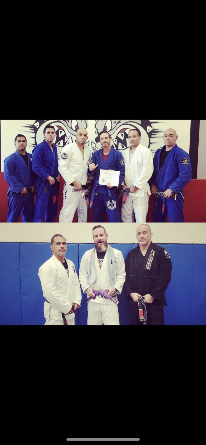 Top: Damien’s promotion from about 8 years ago. Allan Goes and I are in middle and white gis. Bottom: Damien’s recent promotion by Rick Perez. I’m in black gi.