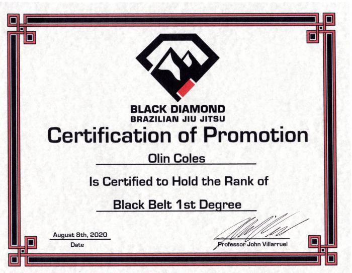 1st Degree Black Belt Promotion Certificate