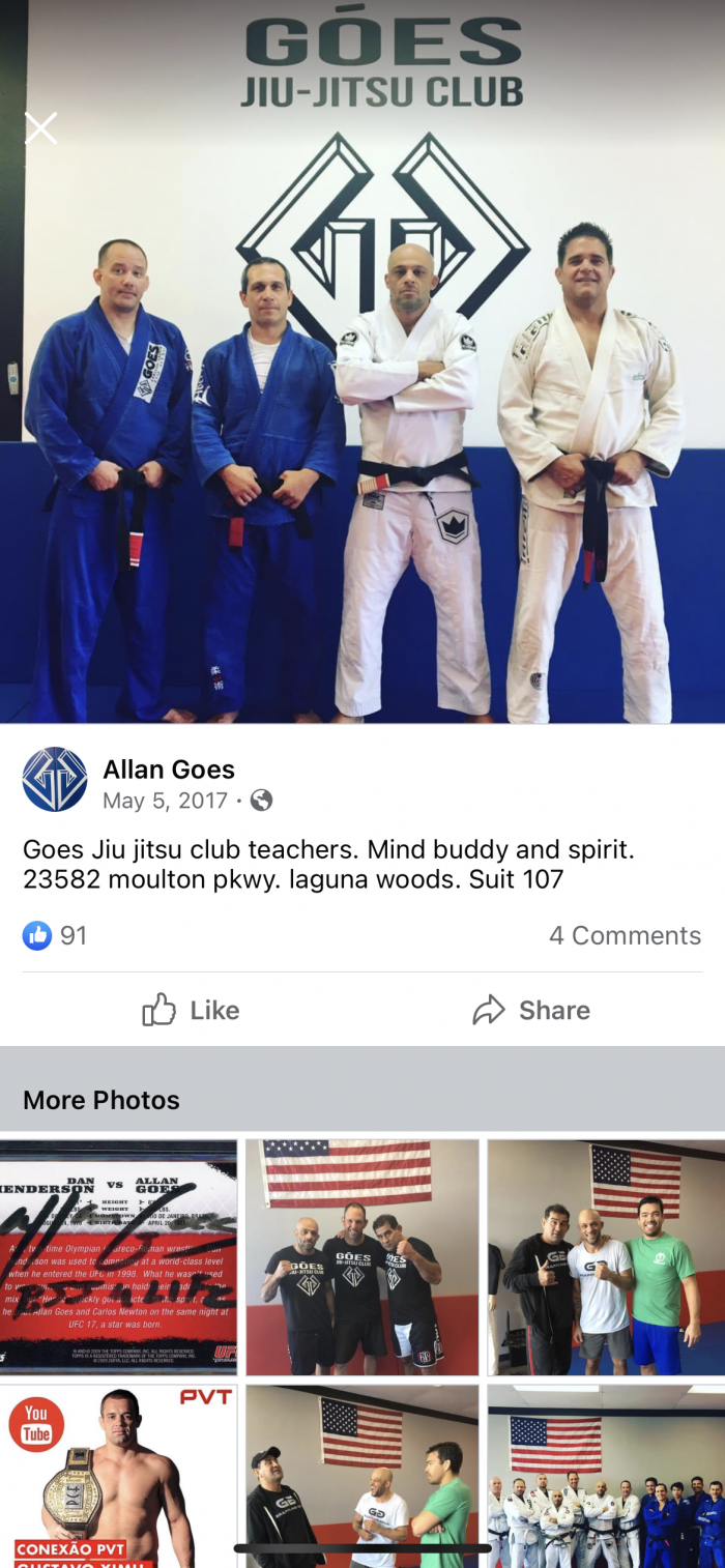 Screenshot from Allan Goes’ Facebook where he refers to me and two other black belts as “Goes Jiu Jitsu Club teachers.”  I’m pictured far left.