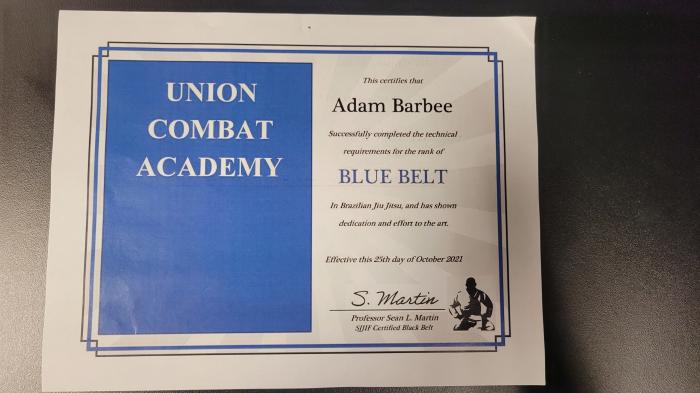 Blue belt · October 25, 2021 · Promoted by Sean Martin
