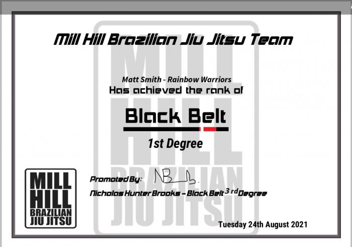 Black belt 1st degree · August 21, 2021 · Promoted by Nick Brooks