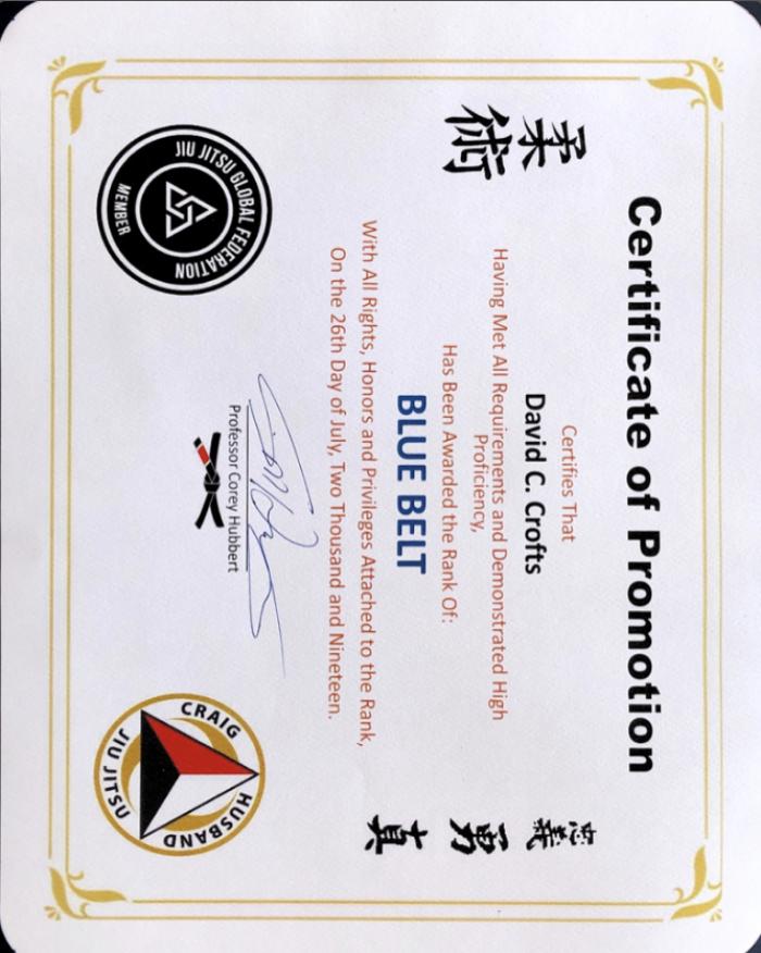 Blue belt · July 26, 2019 · Promoted by Corey Hubbert