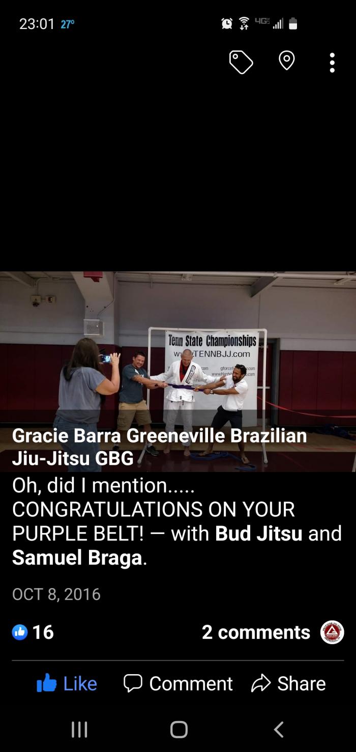 Purple belt · October 8, 2016 · Promoted by Professor Samuel Braga and coach Buddy Morgan
