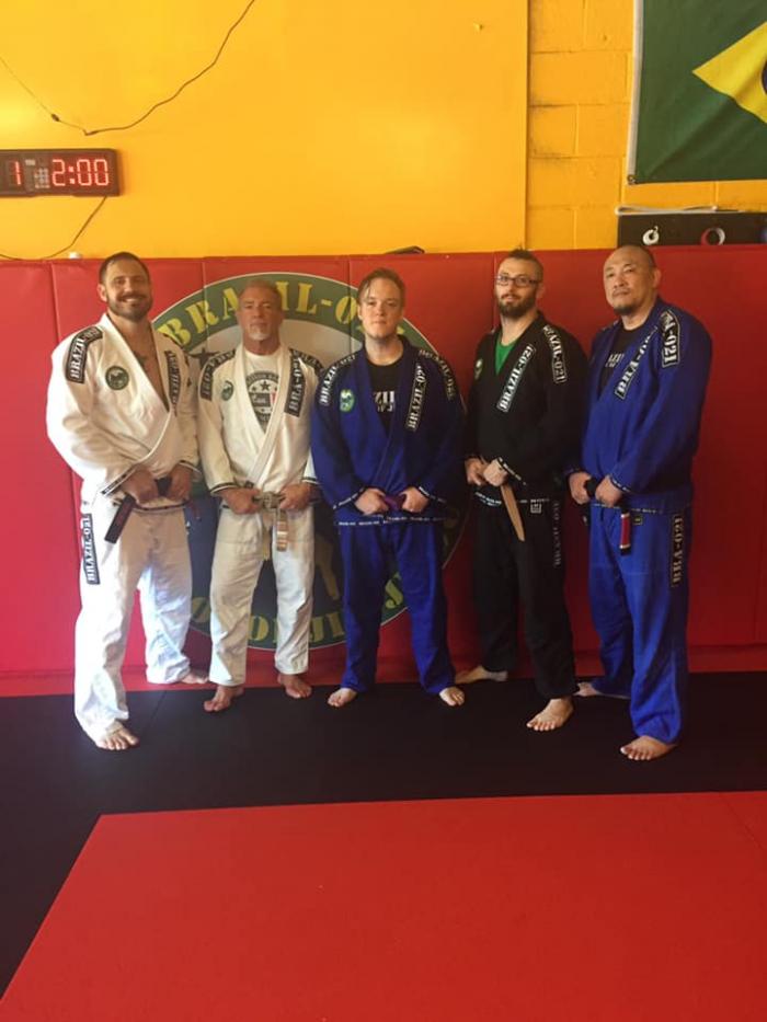 Purple Belt Promotion April 18th 2018. photo with my Instructors: L2R: Professor Jesus Orlando Santiago, Professor (then Coach) Chuck H., Professor (then Coach) Shane W., Professor Jimmy G.