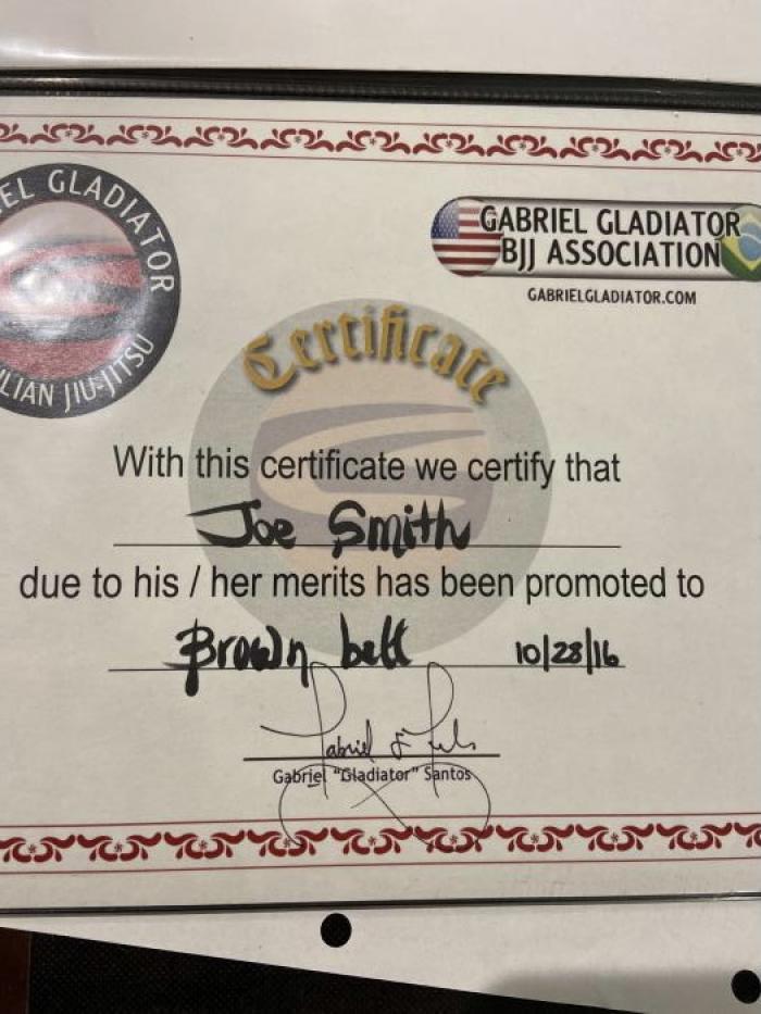 Brown belt · October 1, 2016 · Promoted by Gabriel Gladiator