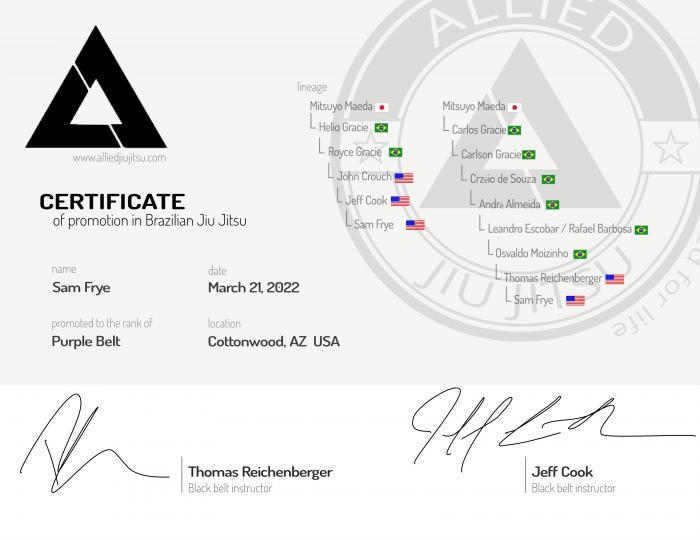Purple belt · March 21, 2022 · Promoted by Jeff Cook