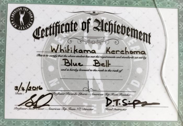 Blue belt · April 3, 2016 · Promoted by Derrin Te Ariki Pina Simpson