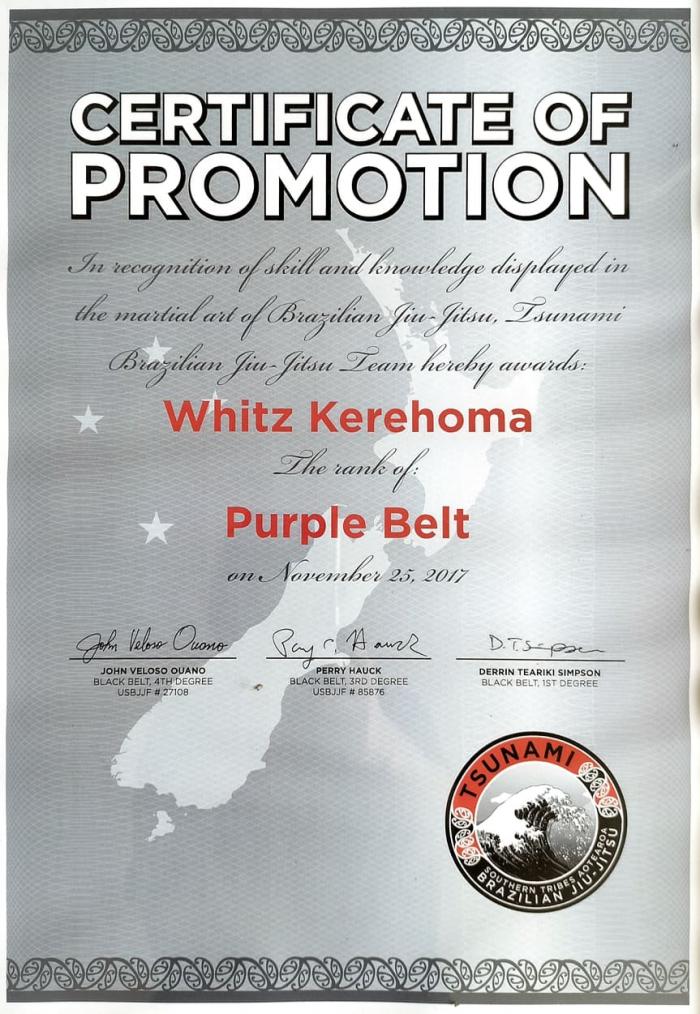 Purple belt · November 25, 2017 · Promoted by Professor John Ouano, Derrin Te Ariki Pina Simpson