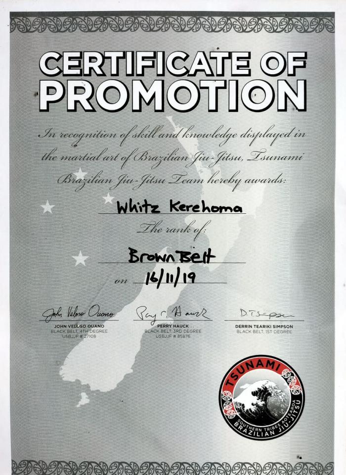 Brown belt · November 16, 2019 · Promoted by Professor John Ouano, Derrin Te Ariki Pina Simpson.