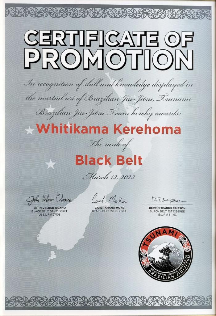 Black belt · March 12, 2022 · Promoted by Professor John Ouano, Derrin Te Ariki Pina Simpson.