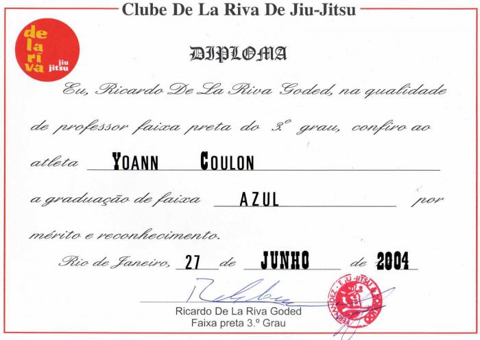 Blue belt · June 27, 2004 · Promoted by Ricardo De La Riva
