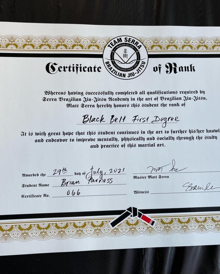 Black belt 1st degree · July 29, 2021 · Promoted by Matt serra