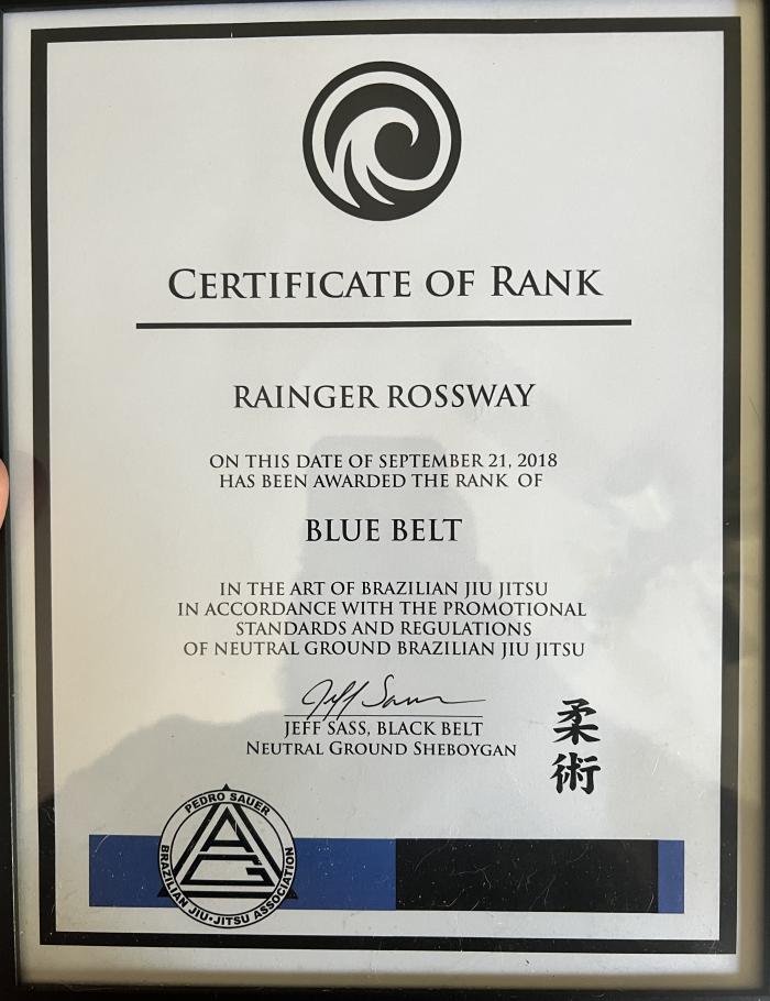 Blue belt · September 21, 2018 · Promoted by Jeff Sass