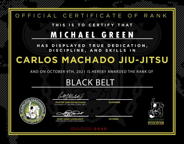 Black belt · October 9, 2021 · Promoted by Carlos Machado