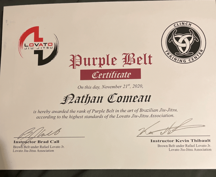 Purple belt · November 21, 2020 · Promoted by Kevin Thibault