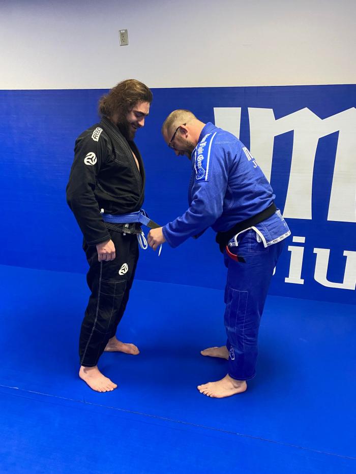 First stripe on the blue belt
