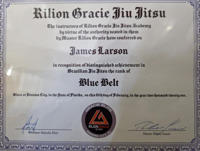Blue belt · February 5, 2021 · Promoted by Rilion Gracie