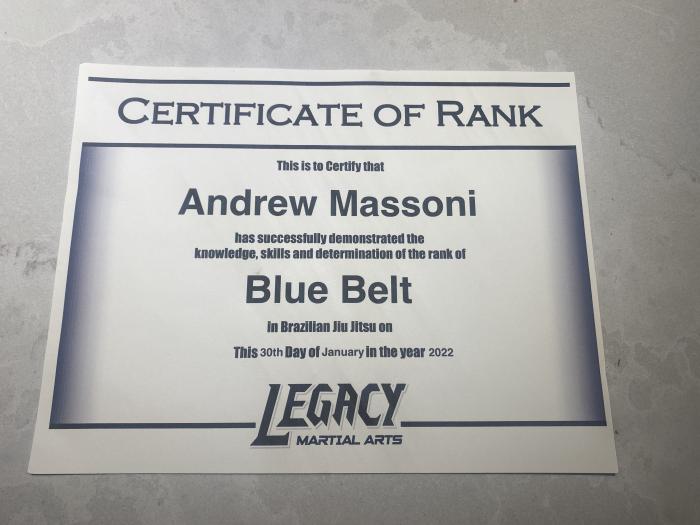Blue belt · January 30, 2022 · Promoted by Justin Rader/