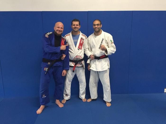 Head instructor Emir Burazerovic with Edin Seleskovic (blue gi) and Elies Bazine.