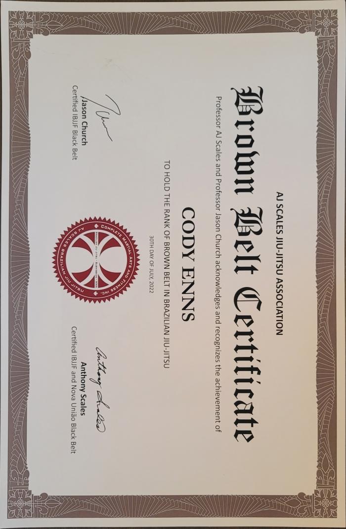 Brown belt · July 30, 2022 · Promoted by Jason Church
