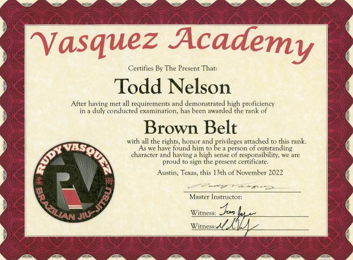 Brown belt · November 13, 2022 · Promoted by Professor Rudy Vasquez