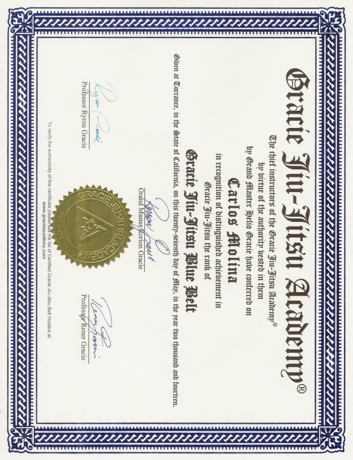 Blue belt · May 27, 2014 · Promoted by Grand Master Rorion Gracie