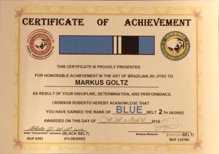 Blue belt · February 1, 2015 · Promoted by Aldo „Caveirinha“ Januario
