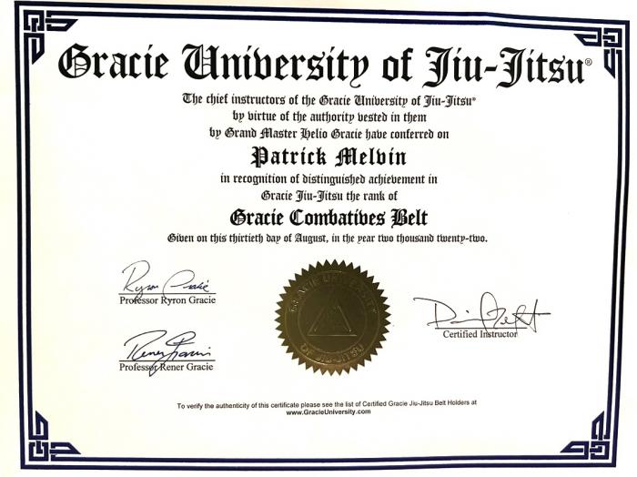 Gracie Jiu-Jitsu Combatives Certificate