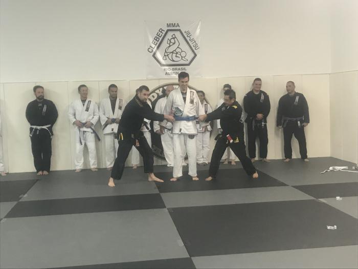 Blue belt awarded 8/18/2018 at Vasquez Academy by Professor Rudy Vasquez and Professor Travis Joyner