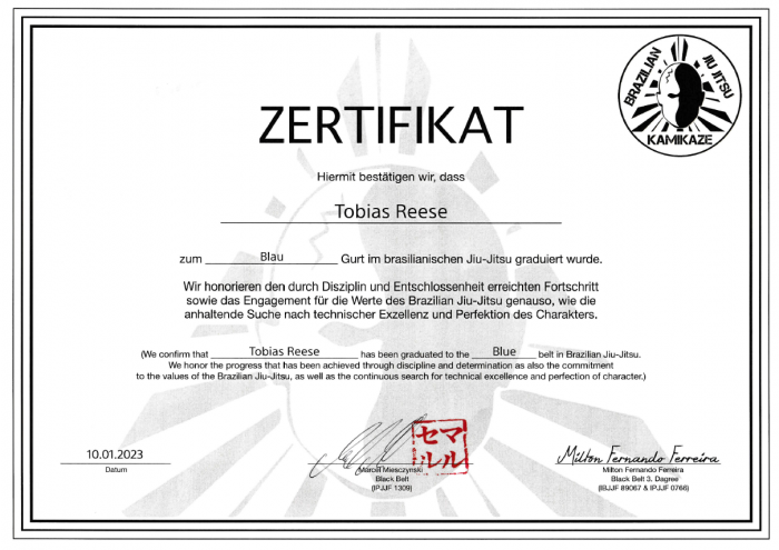 Blue belt · January 10, 2023 · Promoted by Marcel Miedecke
