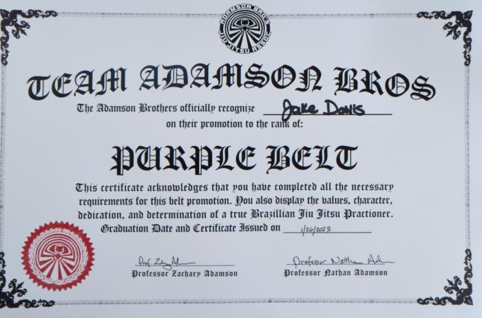 Purple belt · January 26, 2023 · Promoted by Zach & Nate Adamson