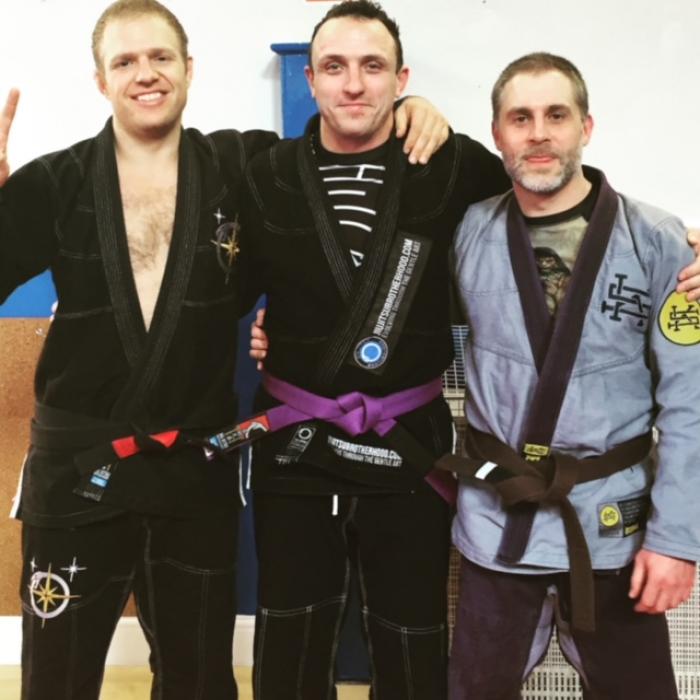 Purple belt promotion with my coach Marc Barton & Nic Gregoriades