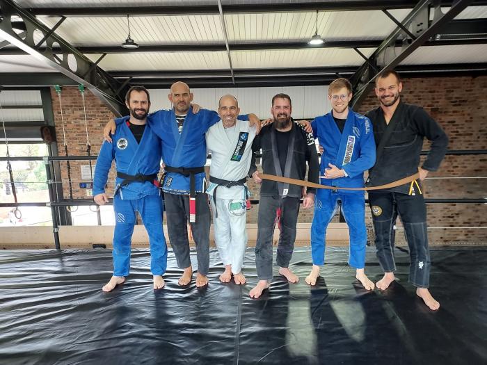 Three students (Cornelius Gouws, Jaco Verster and Nardus Serfontein) promoted to brown belt. With Jurgen Putter and Roberto Atalla.