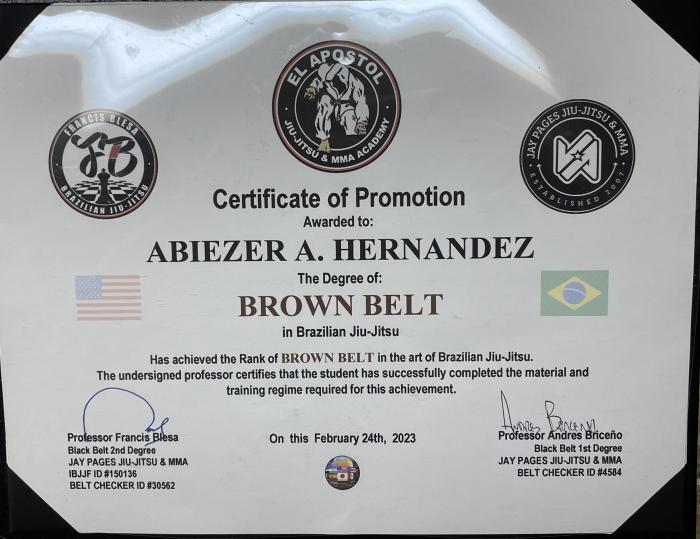 Brown belt · February 24, 2023 · Promoted by Andres Briceno
