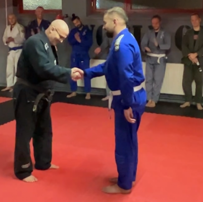 Got my first two stripes on my Whitebelt from our instructor Tom K. - 22.11.2022