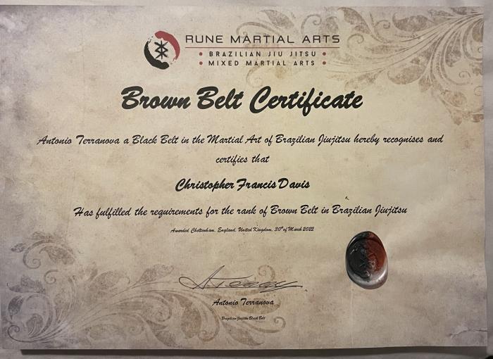 Brown belt · March 30, 2022 · Promoted by Tony Terranova