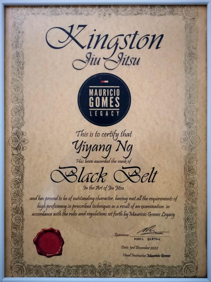 BJJ Black Belt Certificate - Kingston Jiu Jitsu - Mauricio Gomes Legacy