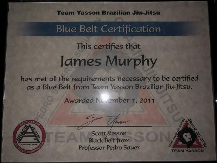 Blue belt · November 1, 2011 · Promoted by Scott Yasson