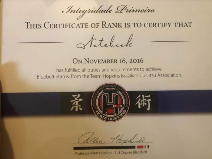 Blue belt · November 2, 2016 · Promoted by Allen Hopkins