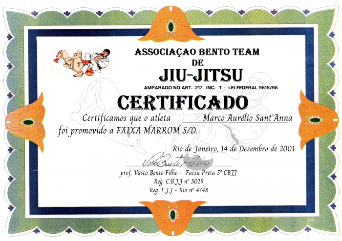 Brown belt · December 14, 2001 · Promoted by Mestre Vasco Bento Filho