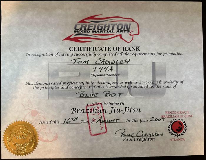 Blue belt · August 16, 2007 · Promoted by Paul Creighton