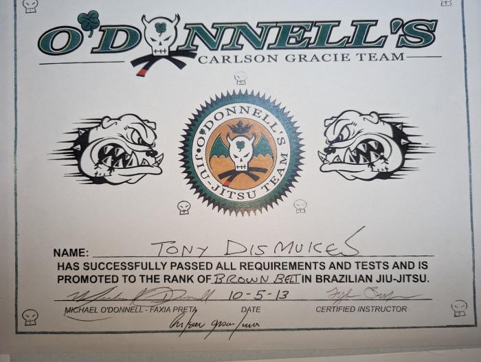 Brown belt · October 15, 2013 · Promoted by Michael O'Donnell